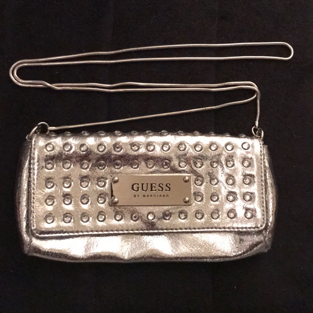 Silver GUESS clutch with rhinestones
